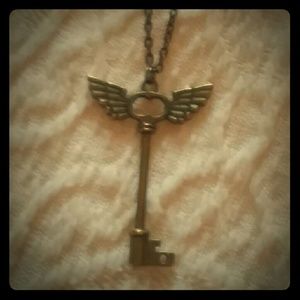 Antiqued Brass Key Heart Wings Necklace